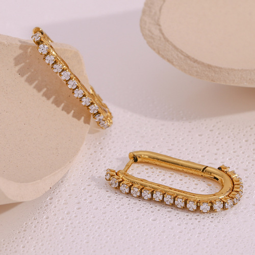 ETSMJ171 18K Gold Plated Stainless Steel Long U-Shaped Zircon Edge Hoop Earrings Women's Fashion Jewelry