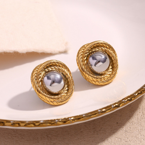 ETSMJ674 18K Gold Plated Stainless Steel Round Braided Button Stud Earrings Women's Fashion Jewelry