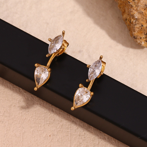 ETSMJ755 18K Gold Plated Stainless Steel Front-Back Water Drop Marquise Zirconia Stud Earrings Women's Fashion Jewelry