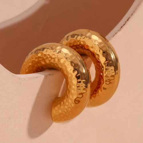 ETSMJ715 18K Gold Plated Stainless Steel Hammered Hollow Hoop Earrings Women's Fashion Jewelry