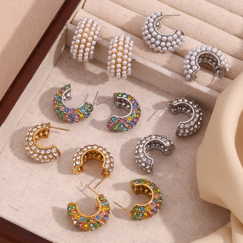 ETSMJ69 18K Gold Plated Stainless Steel Pearl and Colorful Crystal Pave Thick C Hoop Earrings for Women Luxury Fashion Jewelry
