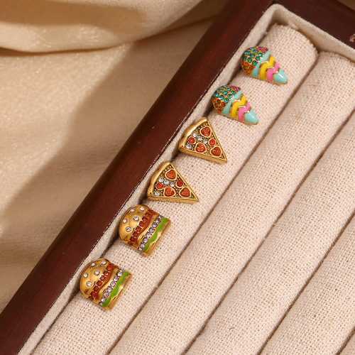 ETSMJ687 18K Gold Plated Stainless Steel Sweet Colorful Crystal Pizza Ice Cream Stud Earrings Women's Fashion Jewelry