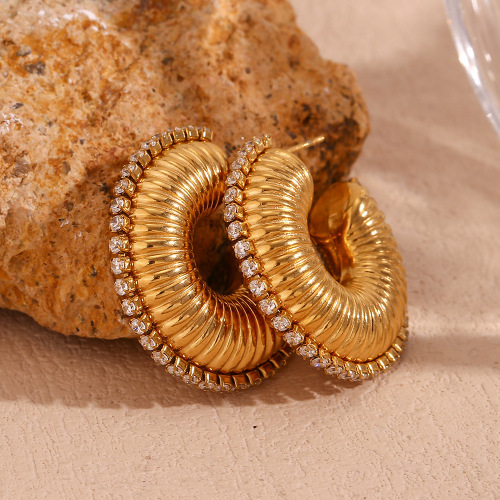 ETSMJ454 18K Gold Plated Stainless Steel Zirconia Edge Threaded Hollow Hoop Earrings Women's Fashion Jewelry