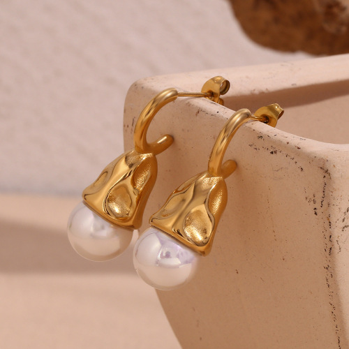 ETSMJ235 18K Gold Plated Stainless Steel Teardrop Pearl Earrings with Hammered Texture Women's Fashion Jewelry