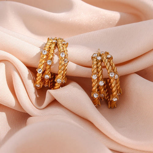 ETSMJ582 Stainless Steel Multi-Layer Braided Zirconia Banana Hoop Earrings Women's Fashion Jewelry