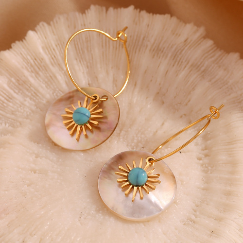 ETSMJ462 18K Gold Plated Stainless Steel Turquoise Sunflower Mother of Pearl Earrings Women's Fashion Jewelry