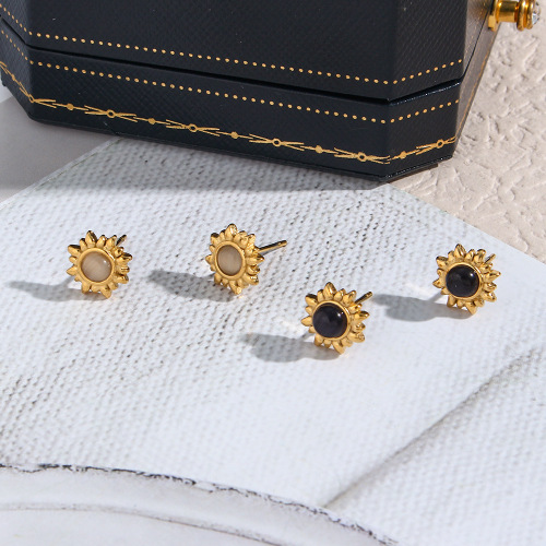 ETSMJ342 Stainless Steel Cat Eye Onyx Sunburst Stud Earrings Women's Natural Stone Jewelry