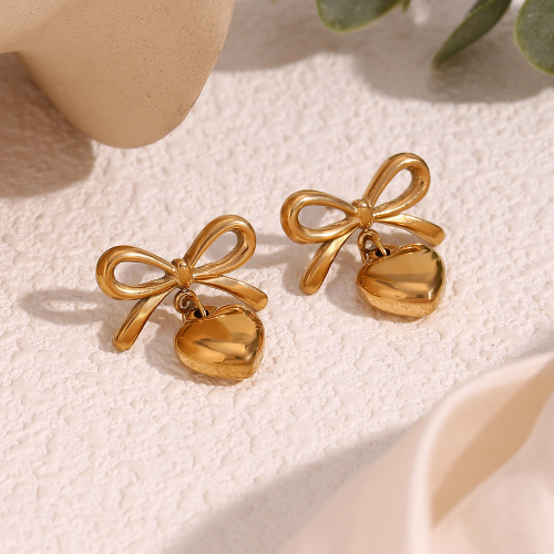 ETSMJ823 18K Gold Plated Stainless Steel Bow Heart Stud Earrings Women's Sweet Fashion Jewelry