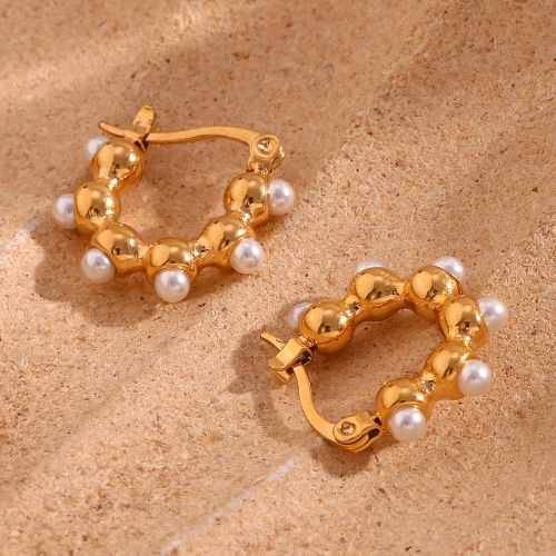 ETSMJ800 18K Gold Plated Stainless Steel Mini Bead Pearl Hoop Earrings Women's Fashion Jewelry