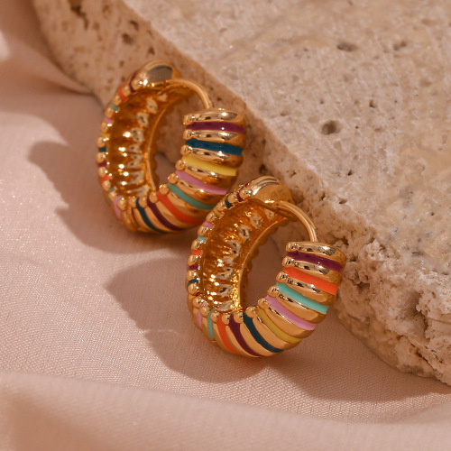 ETSMJ75 18K Gold Plated Stainless Steel Colorful Pattern Enamel Hoop Earrings for Women Trendy Fashion Jewelry