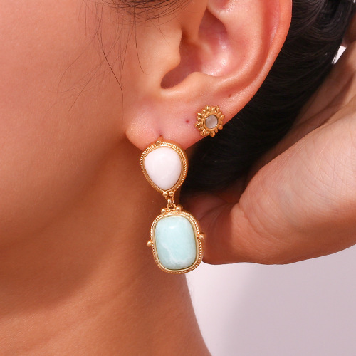 ETSMJ665 18K Gold Plated Natural Amazonite Drop Earrings Women's Fashion Jewelry with Stud Design