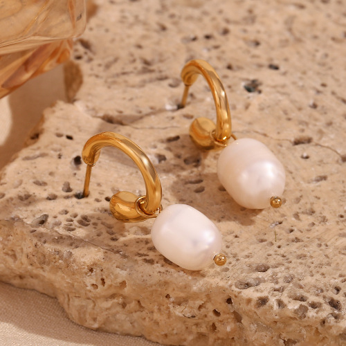ETSMJ405 18K Gold Plated Stainless Steel Half-Hoop Freshwater Pearl Earrings Women's Elegant Fashion Jewelry