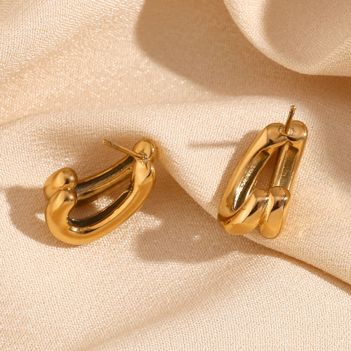 ETSMJ258 18K Gold Plated Stainless Steel Double Layer Banana Shaped Stud Earrings Women's Fashion Jewelry