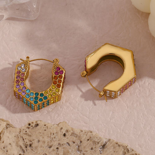 ETSMJ511 18K Gold Plated Stainless Steel Hexagon Earrings with Micro Pave Zirconia Women's Fashion Jewelry