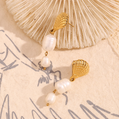 ETSMJ360 18K Gold Plated Stainless Steel Shell Pearl Tassel Earrings Women's Fashion Jewelry