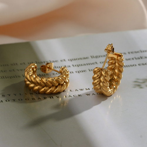 ETSMJ47 18K Gold Plated Stainless Steel C-Shaped Hoop Earrings with Wheat Pattern for Women Elegant Jewelry