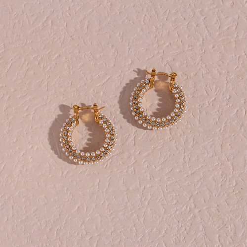 ETSMJ323 Women's 18K Gold Plated Stainless Steel Zircon Pearl Hoop Earrings Luxury Fashion Jewelry