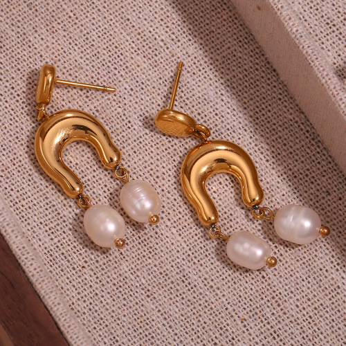 ETSMJ893 18K Gold Plated Stainless Steel Freshwater Pearl Inverted U-Shaped Drop Earrings Women's Fashion Jewelry