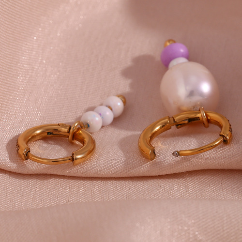 ETSMJ503 18K Gold Plated Stainless Steel Y2K Irregular Hoop Earrings with Freshwater Pearl Beads Women's Fashion Jewelry