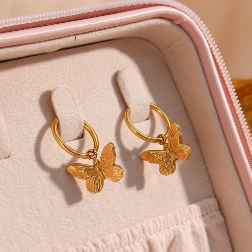 ETSMJ607 18K Gold Plated Stainless Steel Butterfly Dangle Earrings Women's Hanging Jewelry