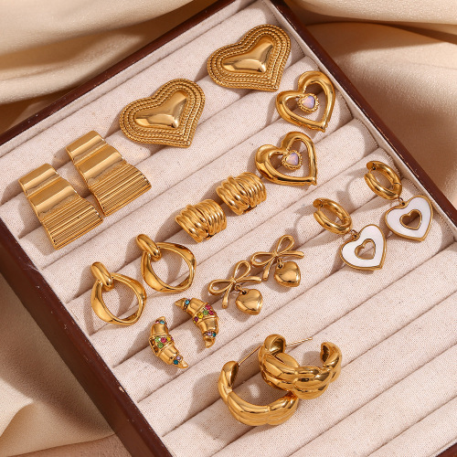 ETSMJ53 18K Gold Plated Stainless Steel Geometric Heart Shell Earrings for Women Vertical Stripe Studs and Hollow Weave Design