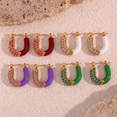 ETSMJ499 Gold Plated Stainless Steel U-Shaped Micro Pave Zirconia Enamel Drop Earrings Women's Fashion Jewelry