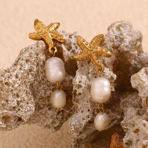 ETSMJ359 18K Gold Plated Stainless Steel Starfish Pearl Tassel Earrings Women's Fashion Jewelry