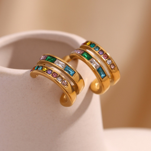 ETSMJ9 18K Gold Plated Stainless Steel Double Layer C-Shaped Zircon Hoop Earrings for Women Elegant Jewelry