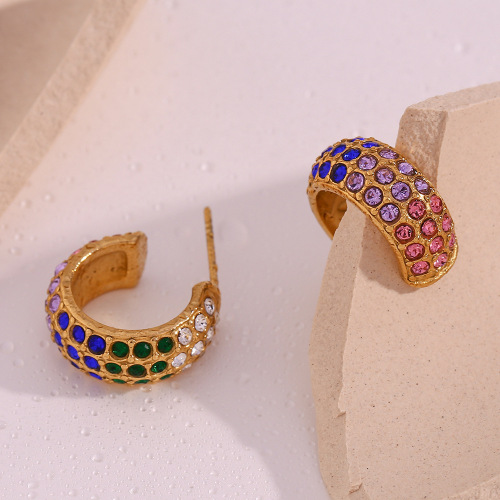 ETSMJ517 18K Gold Plated Stainless Steel Colorful Full Diamond C-Shaped Hoop Earrings Women's Fashion Jewelry