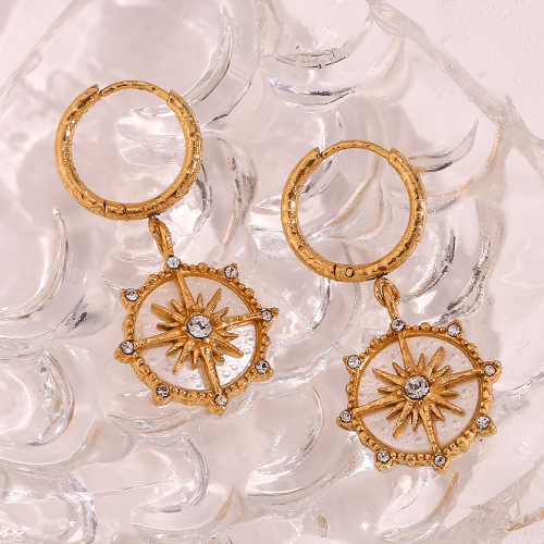 ETSMJ165 18K Gold Plated Stainless Steel Compass Drop Earrings with Eight-Point Star Pendant Women's Fashion Jewelry