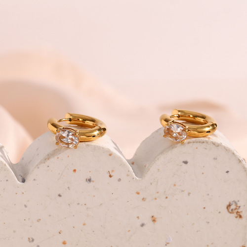 ETSMJ181 18K Gold Plated Stainless Steel Oval Zircon Hoop Earrings Women's Fashion Jewelry with Bold Design