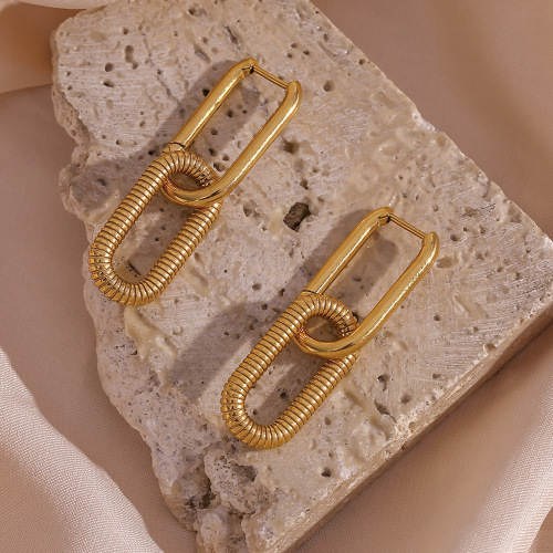 ETSMJ174 18K Gold Plated Stainless Steel U-Shaped Hoop Earrings Women's Fashion Jewelry with Smooth and Threaded Design