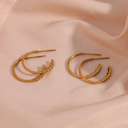 ETSMJ554 Stainless Steel C-Shaped Hoop Earrings with Embedded Crystals Women's Fashion Jewelry