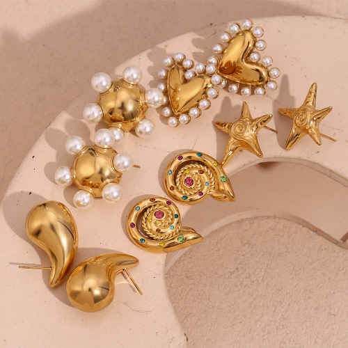ETSMJ3 18K Gold Plated Stainless Steel Swirl Snail Earrings with Pearl and Heart Wheel Design for Women Elegant Jewelry