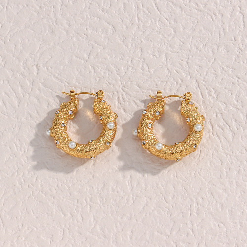 ETSMJ346 18K Gold Plated Stainless Steel Zirconia Pearl Hoop Earrings Women's Elegant Jewelry