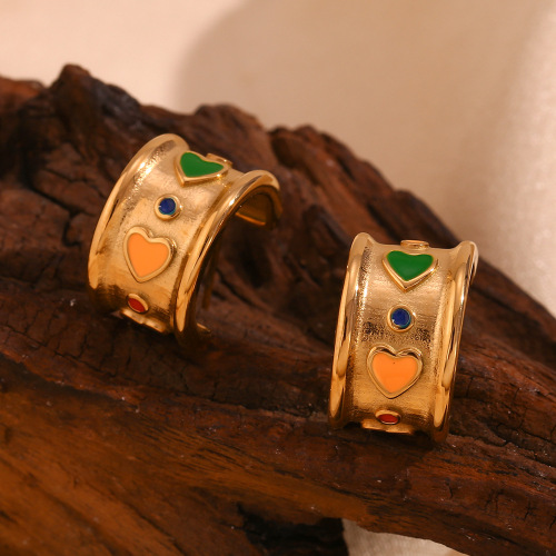 ETSMJ280 18K Gold Plated Stainless Steel Colorful Enamel Heart Wide Hoop Earrings Women's Fashion Jewelry