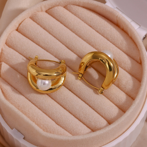 ETSMJ516 18K Gold Plated Stainless Steel Double Layer U-Shaped Pearl Hoop Earrings Women's Fashion Jewelry