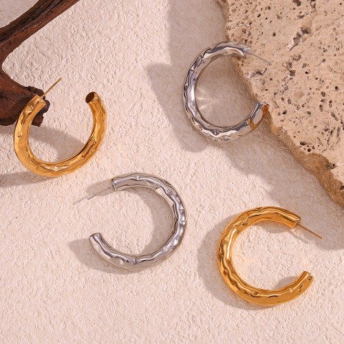 ETSMJ496 18K Gold Plated Stainless Steel Hammered Hollow Tube Hoop Earrings Women's Fashion Jewelry