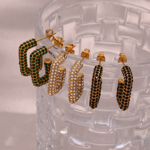 ETSMJ182 Stainless Steel Full Zircon Open Rectangle Hoop Earrings Women's Fashion Jewelry