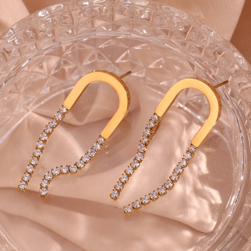 ETSMJ486 18K Gold Plated Stainless Steel U-Shaped Zircon Chain Stud Earrings Women's Fashion Jewelry