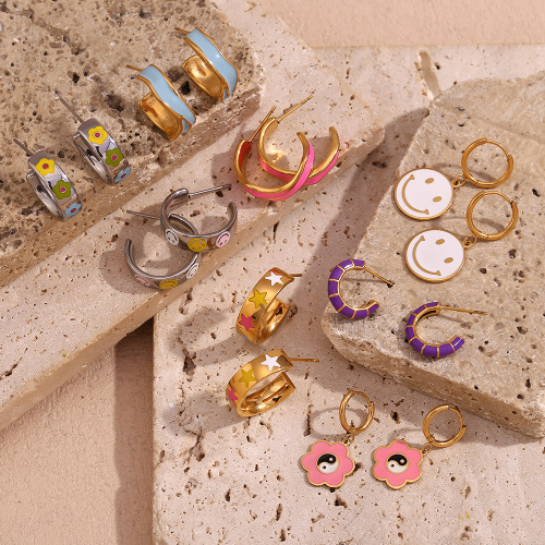 ETSMJ201 18K Gold Plated Stainless Steel Colorful Enamel Geometric Wheel Earrings Women's Fashion Jewelry