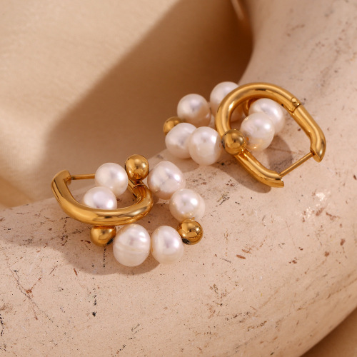 ETSMJ73 18K Gold Plated Stainless Steel Freshwater Pearl Beaded Flower U-Shaped Hoop Earrings for Women Stylish Fashion Jewelry