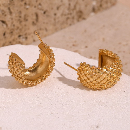 ETSMJ485 18K Gold Plated Stainless Steel Pineapple Pattern Thick C-Shaped Earrings Women's Fashion Jewelry