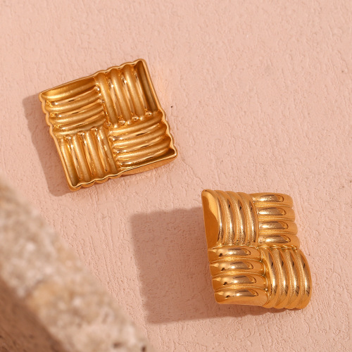 ETSMJ662 18K Gold Plated Stainless Steel Square Grid Striped Stud Earrings Women's Fashion Jewelry