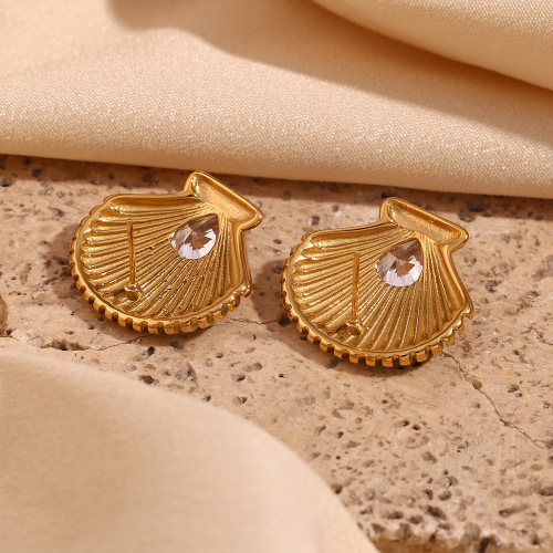 ETSMJ693 18K Gold Plated Stainless Steel Scallop White Diamond Texture Stud Earrings Women's Fashion Jewelry