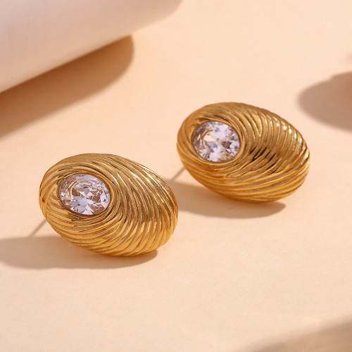 ETSMJ675 18K Gold Plated Stainless Steel Oval Zirconia Threaded Bird's Nest Fingerprint Stud Earrings Women's Fashion Jewelry