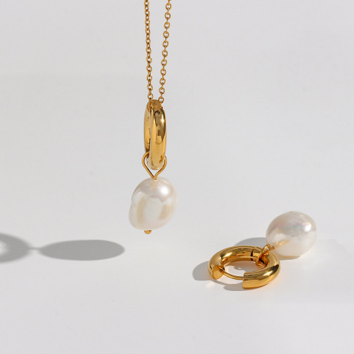 ETSMJ185 18K Gold Plated Stainless Steel Freshwater Pearl Drop Earrings Women's Fashion Jewelry