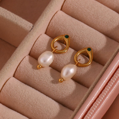 ETSMJ539 Stainless Steel Mini Hoop Earrings with Freshwater Pearls and Green Zircon Studs Women's Fashion Jewelry