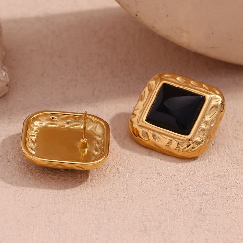 ETSMJ831 18K Gold Plated Stainless Steel Hammered Square Black Acrylic Stud Earrings Women's Fashion Jewelry