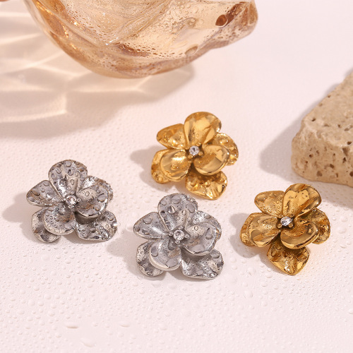 ETSMJ669 18K Gold Plated Stainless Steel Double Layer Flower Stud Earrings with Crystals Women's Fashion Jewelry